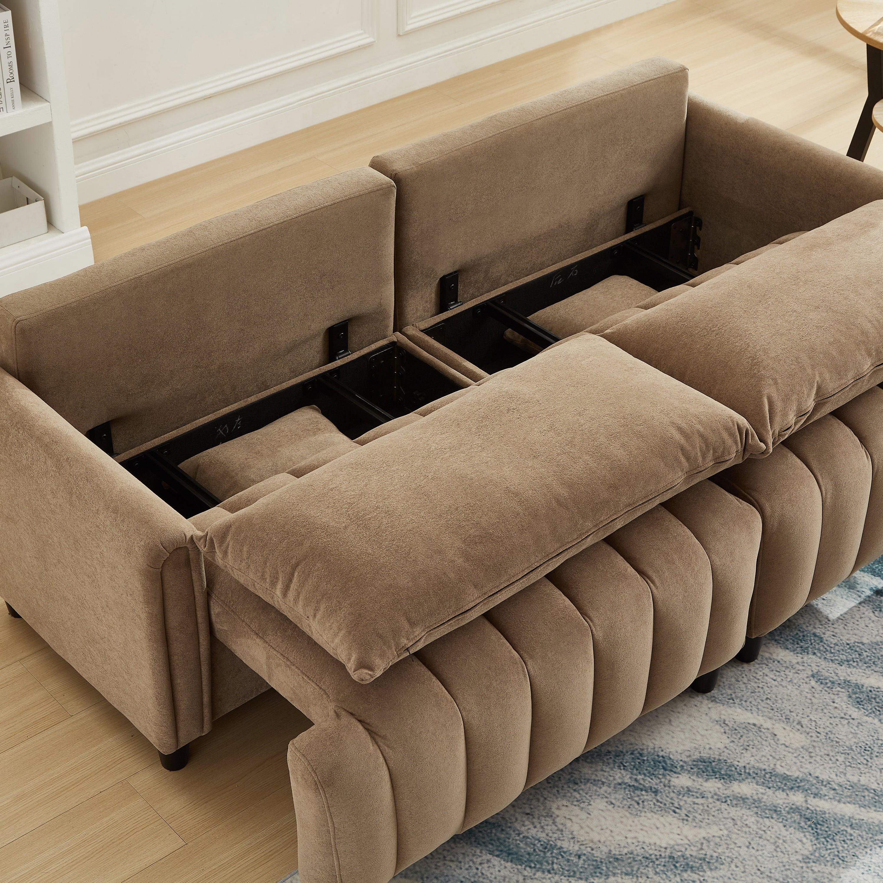 83''  Futon Sofa Bed, Polyester Fabric Comfy Futon Couch Bed with 2 Square Pillows, Convertible Sleeper Sofa with Adjustable Backrest,  Modern Loveseat Sleeper for Living Room, Brown