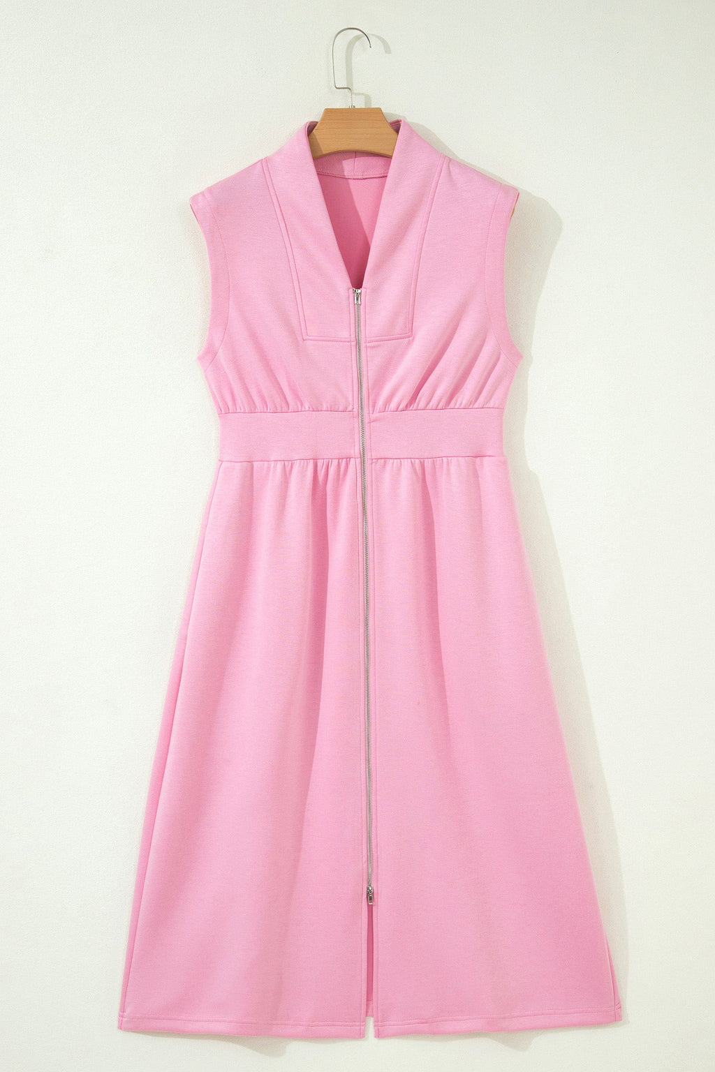 Solid Zip Up V-Neck Sleeveles Midi Dress