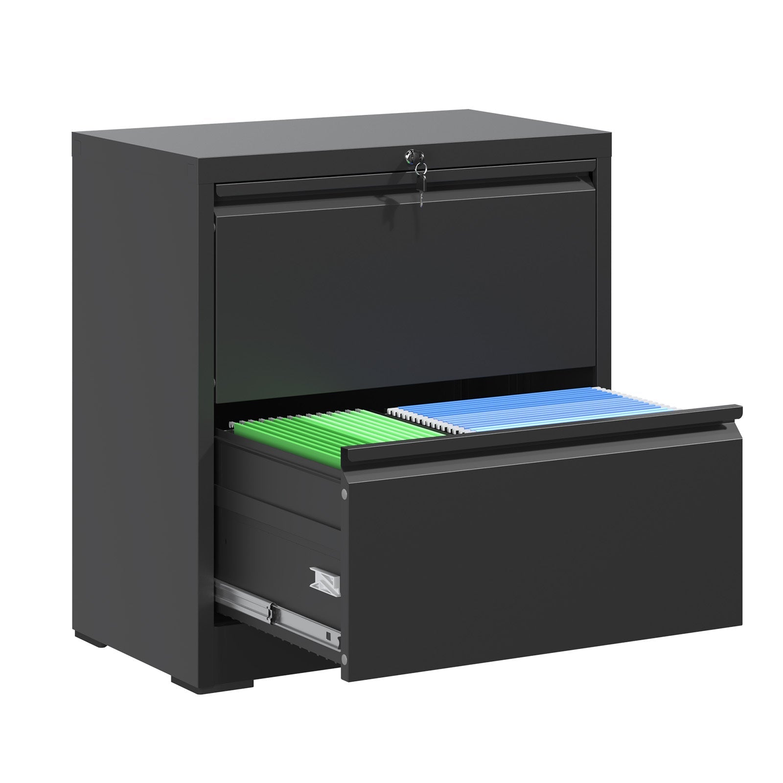 Premium 2 Drawer Metal Lateral File Cabinet with Lock, Black Steel Wide Horizontal Filing Cabinets for Home Office