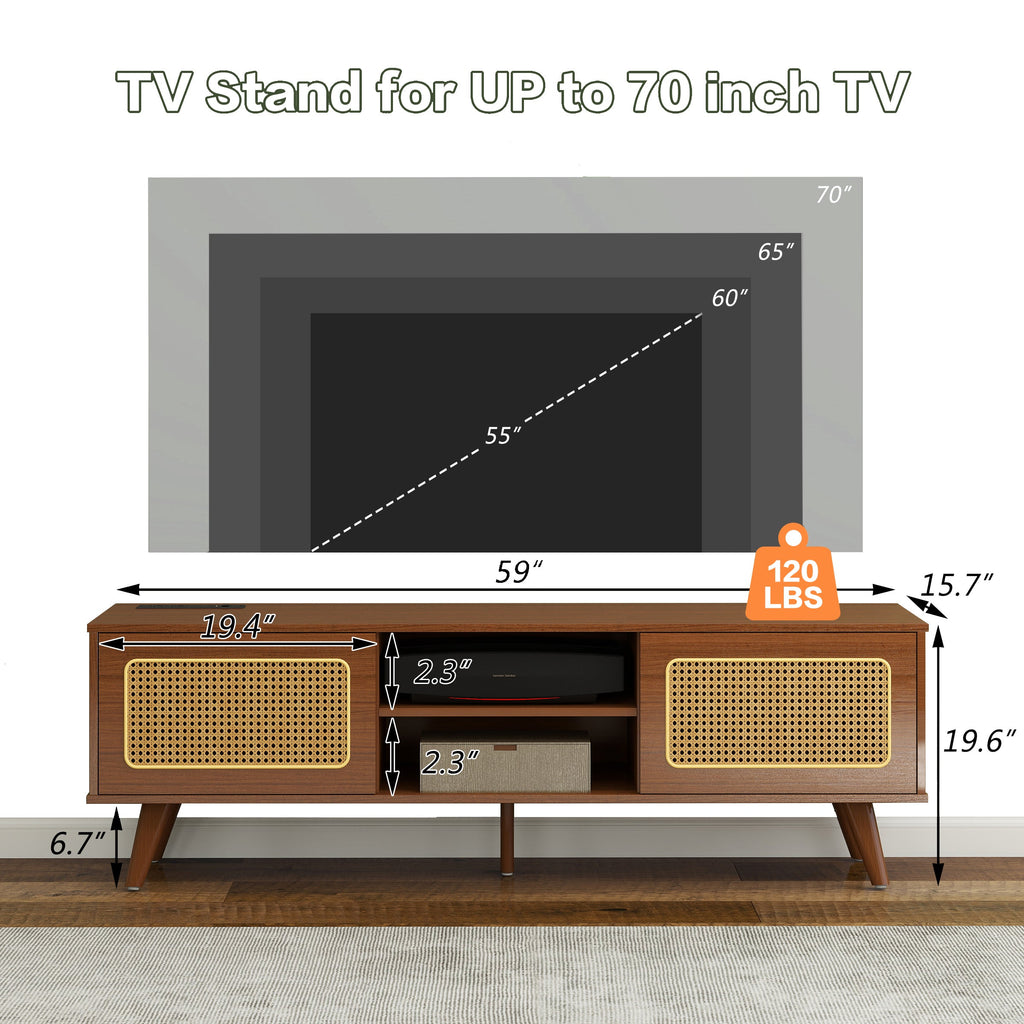 Mid Century Modern Rattan TV Stand for 55/60/65 inch TV , Entertainment Cabinet, Media Console for Living Room Bedroom Media Room, Solid Wood Feet & Rattan Cabinet Doors  (Walnut, 59')
