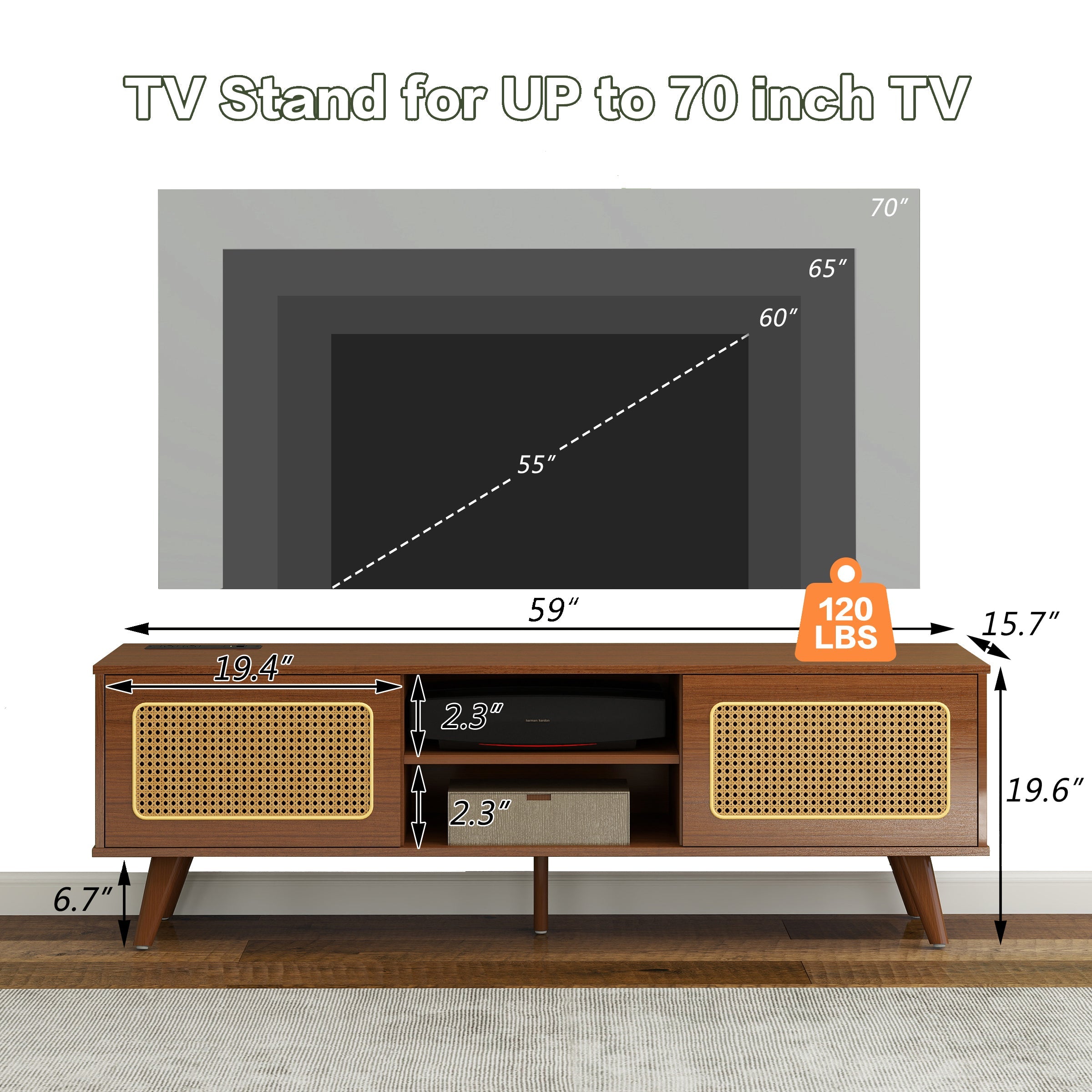 Mid Century Modern Rattan TV Stand for 55/60/65 inch TV , Entertainment Cabinet, Media Console for Living Room Bedroom Media Room, Solid Wood Feet & Rattan Cabinet Doors  (Walnut, 59')