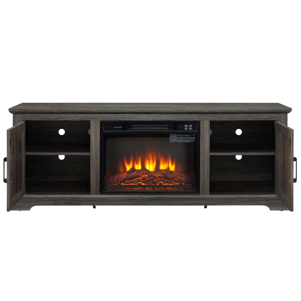 Natural Rattan Door Cabinet with Adjustable Shelf Wood, Farmhouse Rattan TV Stand Console Table for TVs up to 70 Inches, Storage tv stand with 23' fireplace insert, 65'W*15.55'D*23.86'H,GREY