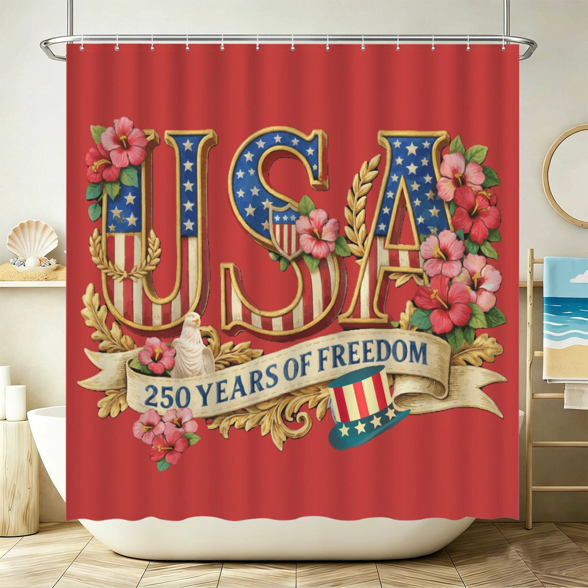 Patriotic USA 250 Years of Freedom Shower Curtain 78" × 71" | Ships from USA