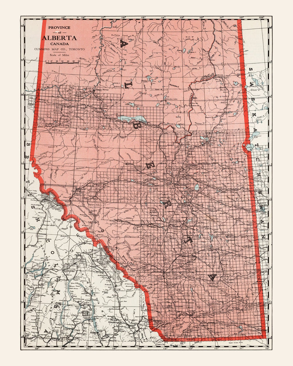 Vintage Map of Alberta Canada, 1925