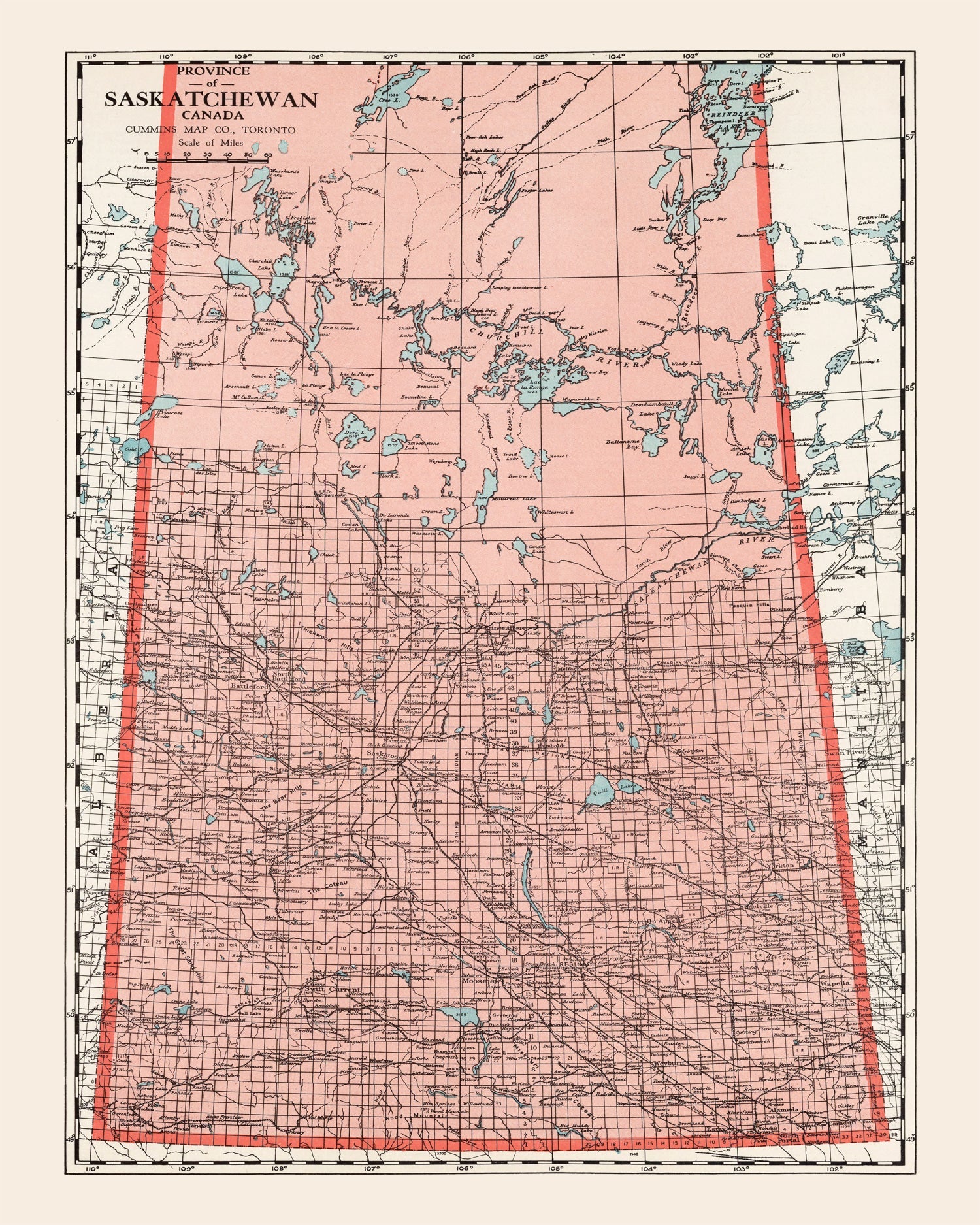 Vintage Map of Saskatchewan Canada, 1925