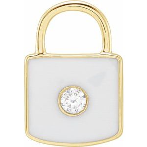 14K Yellow Gold .035 CT Natural  Diamond & White Enamel Lock Charm/Pendant