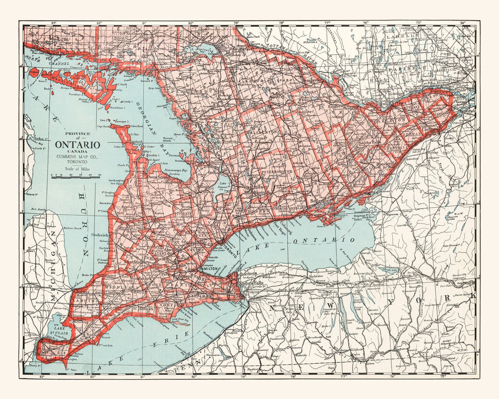 Vintage Map of Ontario Canada, 1925
