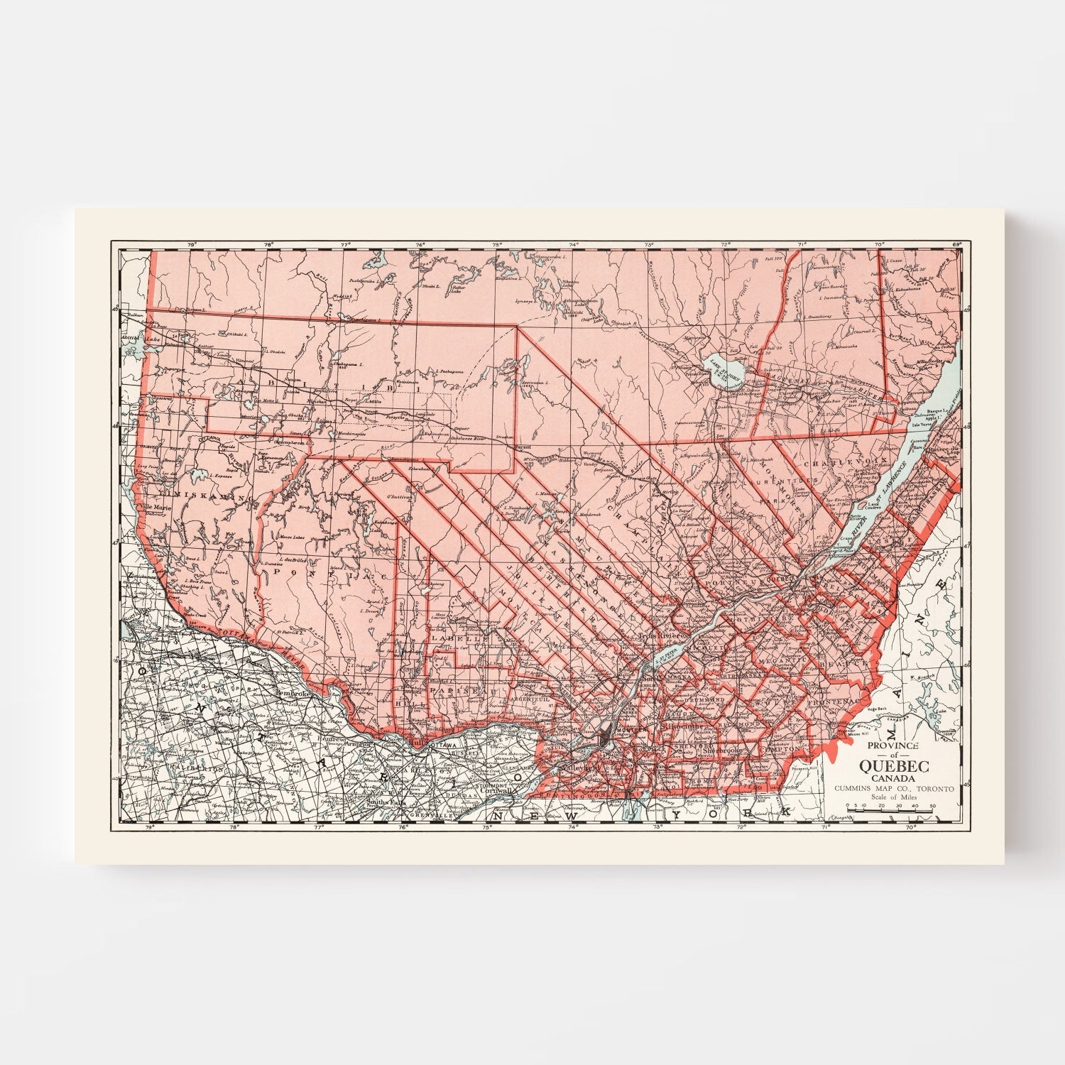 Vintage Map of Quebec Canada, 1925