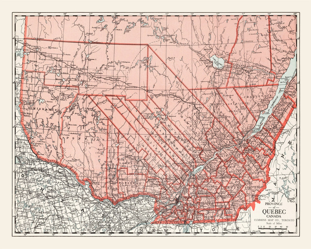 Vintage Map of Quebec Canada, 1925