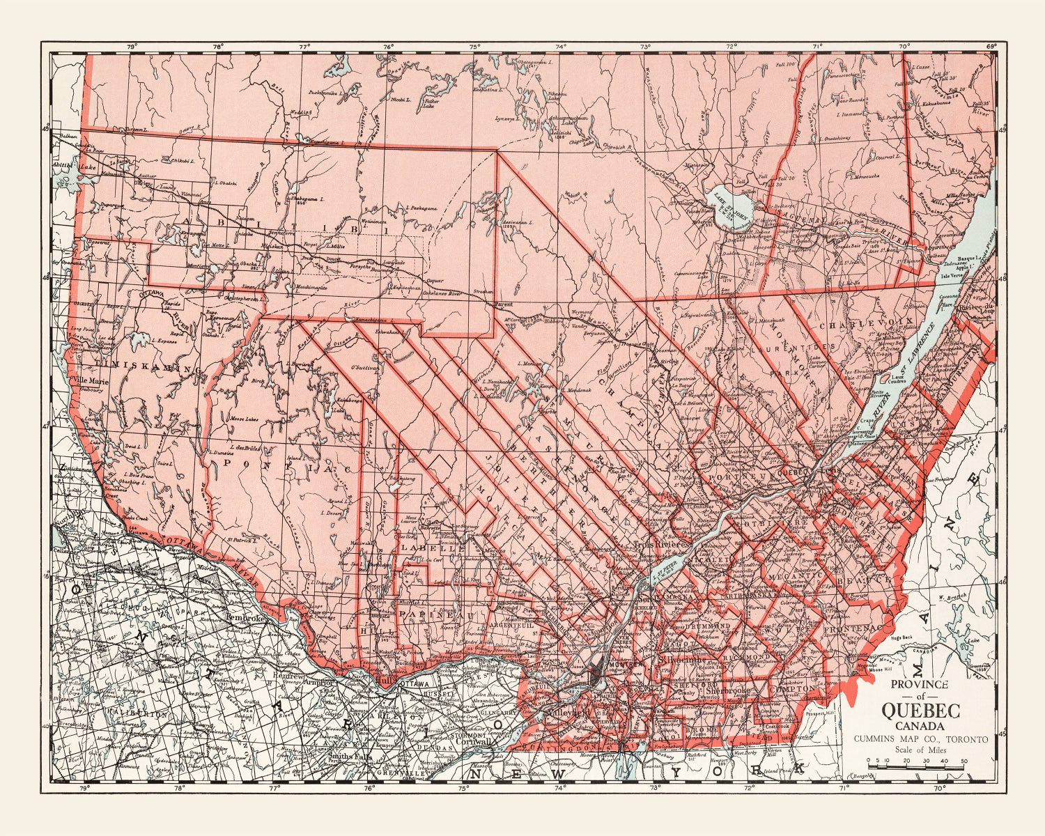 Vintage Map of Quebec Canada, 1925