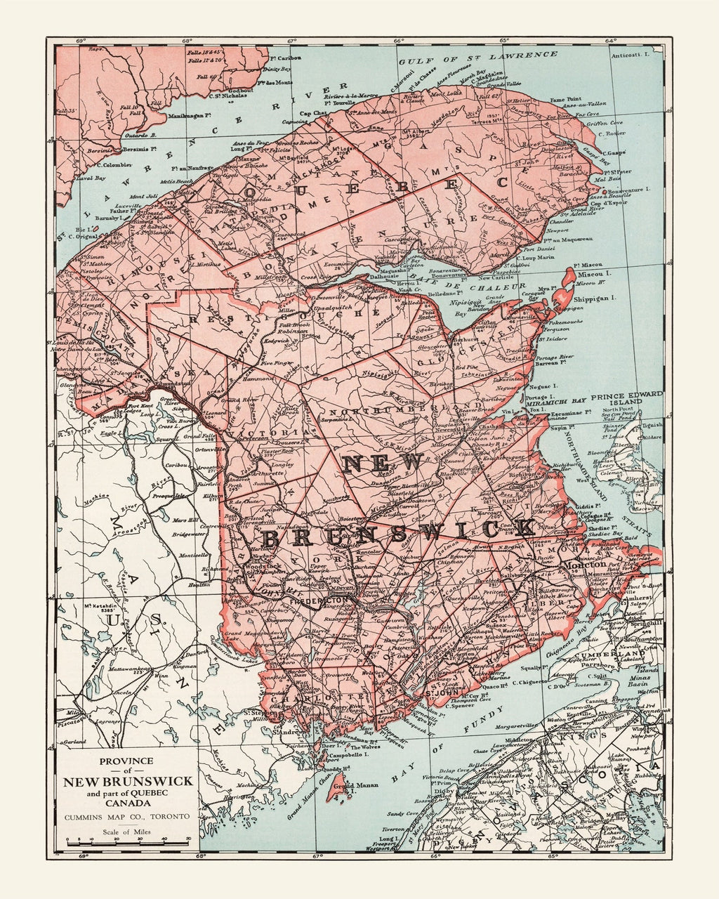 Vintage Map of New Brunswick Canada, 1925