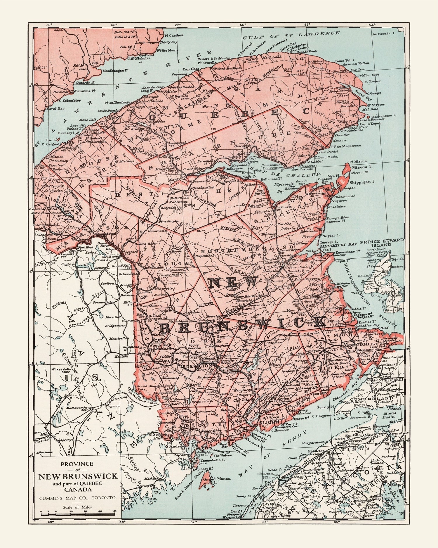 Vintage Map of New Brunswick Canada, 1925