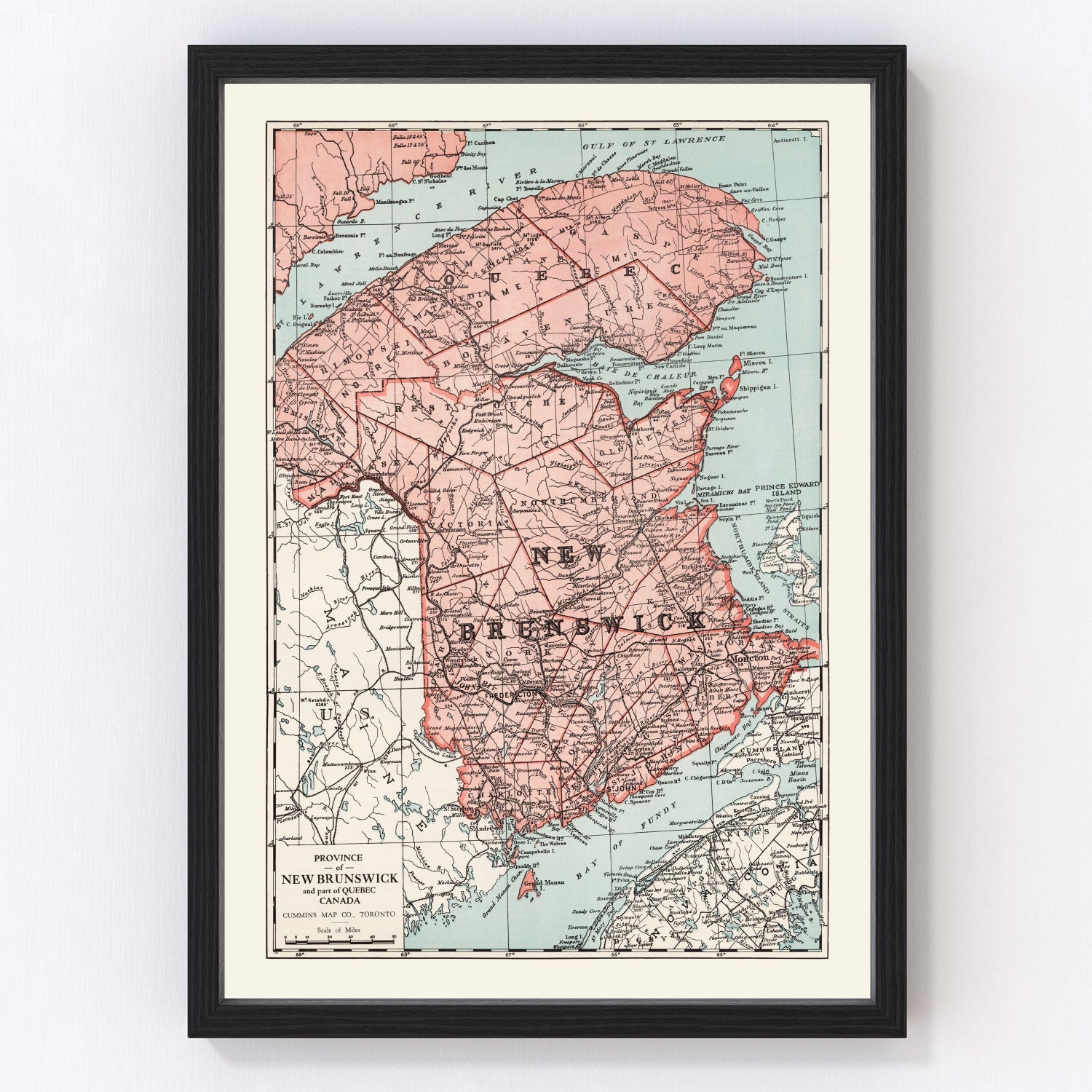 Vintage Map of New Brunswick Canada, 1925