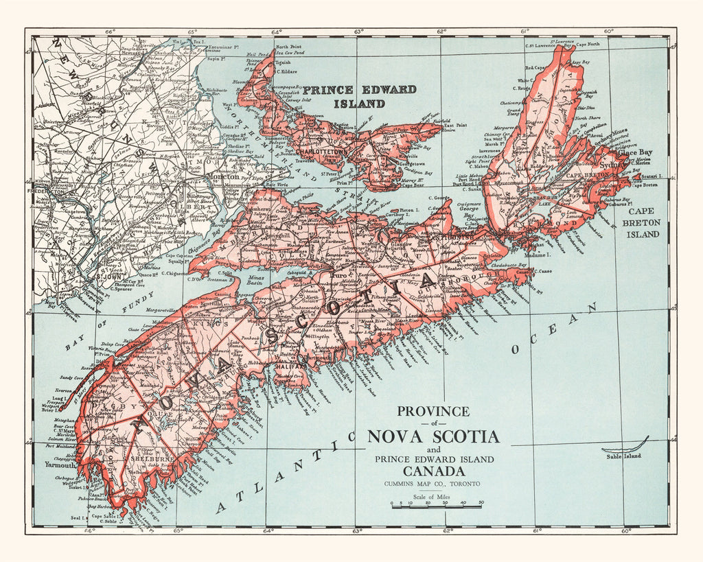 Vintage Map of Nova Scotia Canada, 1925
