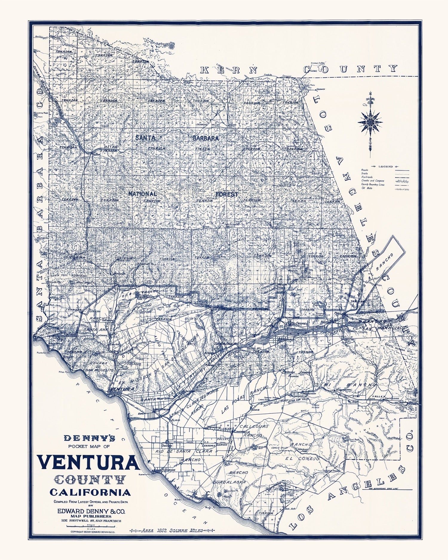 Vintage Map of Ventura County, California 1913