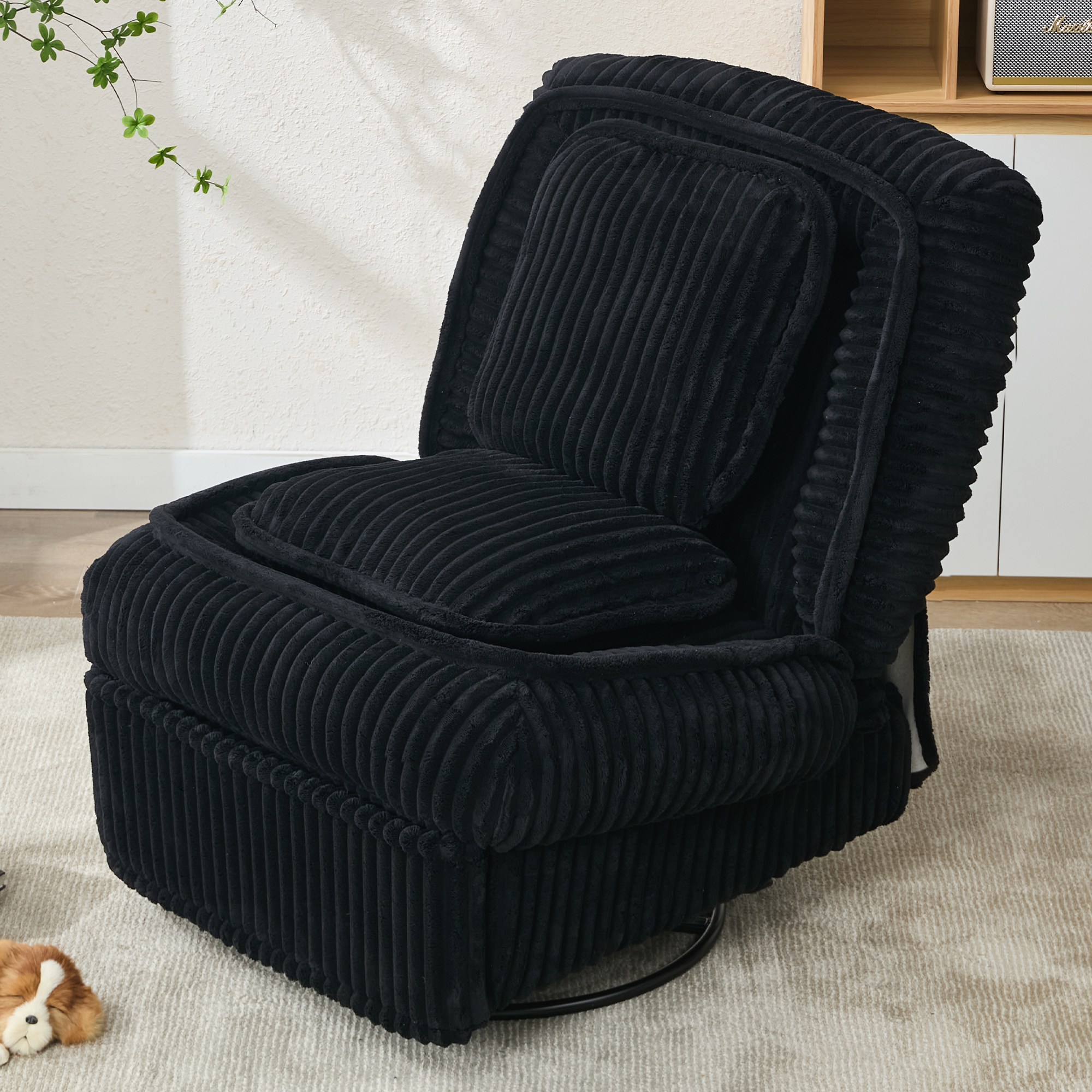 [NEW ARRIVED] 360° Swivel Rocking Single Sofa,Recliner Sofa, Manual Glider Rocking Armless Chair,Living Room Office, With Adjustable Backrest and Footrest and pillows, Small Spaces,Corduroy , Black