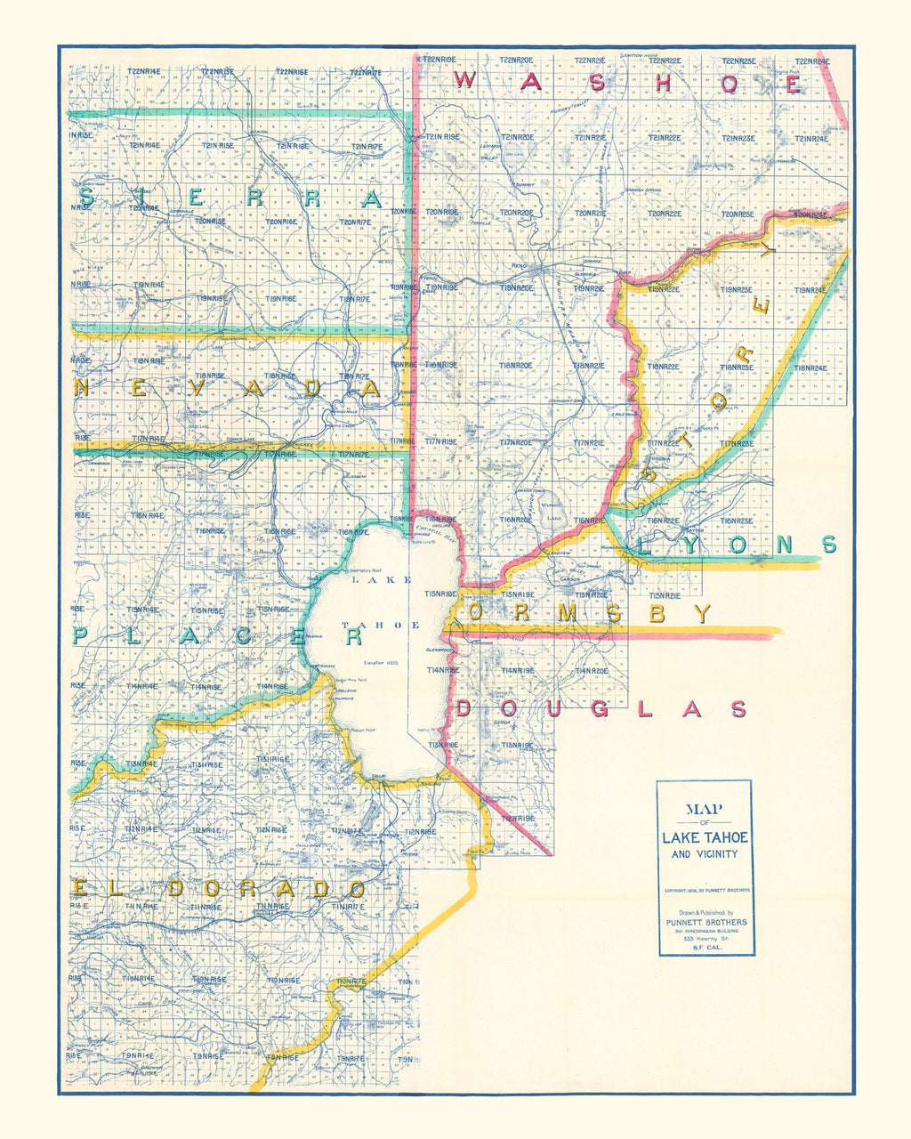 Vintage Map of Lake Tahoe, 1908