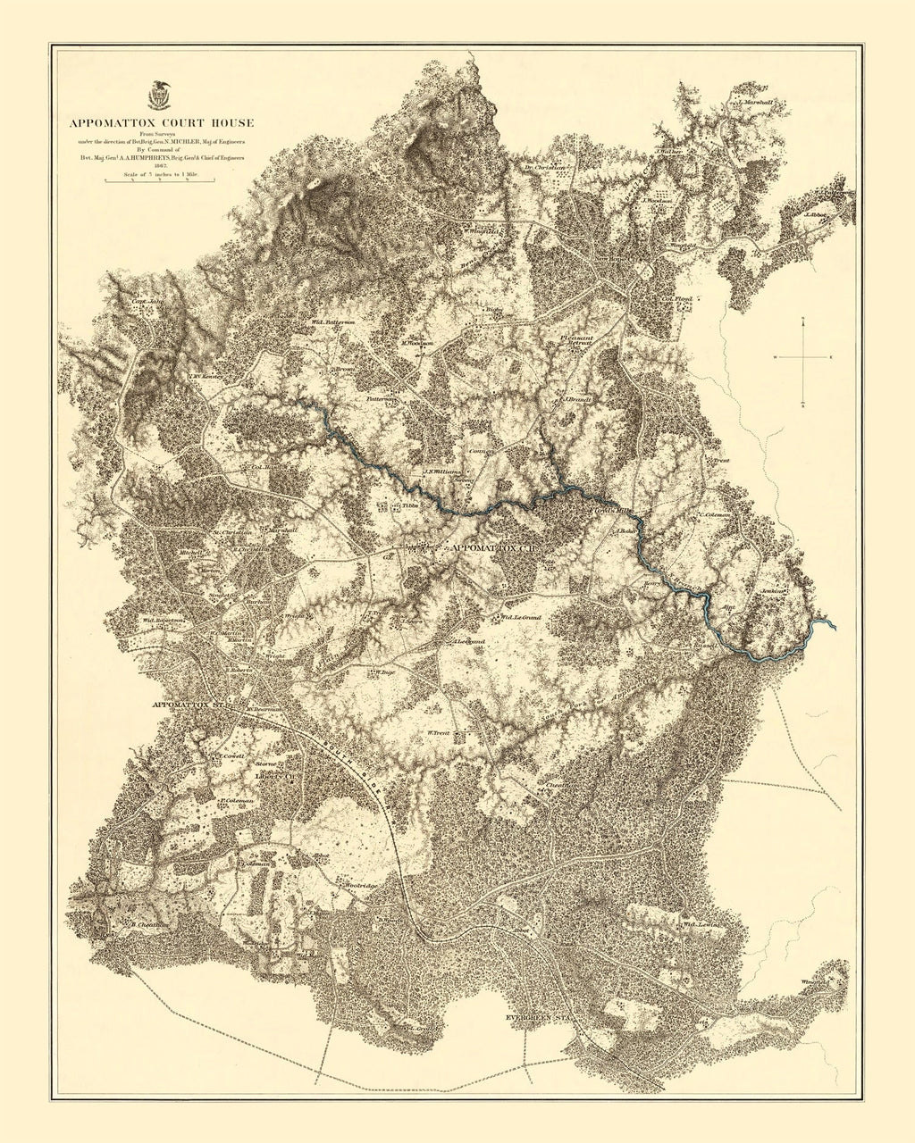 Vintage Map of the Battle of Appomattox Court House, 1869