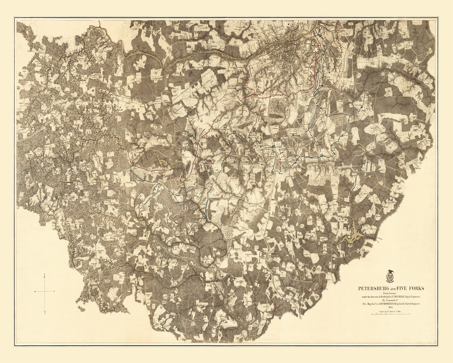 Vintage Map of the Battle of Petersburg & Five Forks, 1869