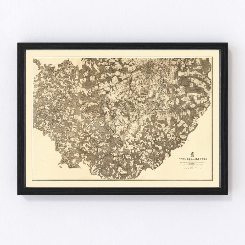 Vintage Map of the Battle of Petersburg & Five Forks, 1869