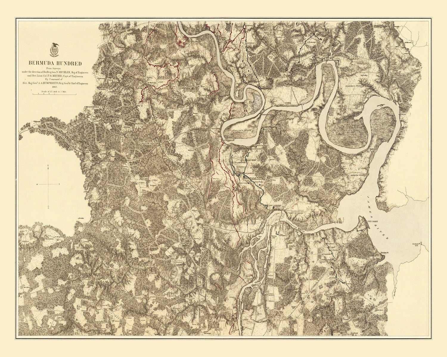 Vintage Map of the Battle of Bermuda Hundred, 1869