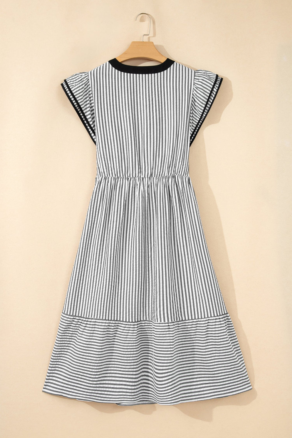 Stripe Contrast V-Neck Flutter Sleeve Midi Dress