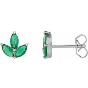 14K White Gold Natural Emerald Cluster Earrings