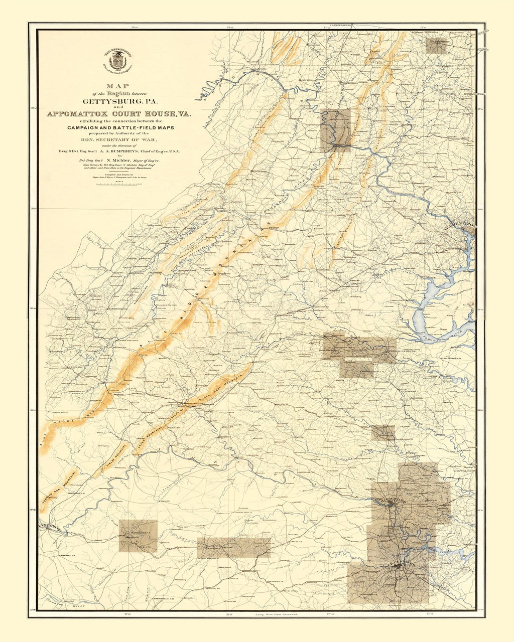 Vintage Map of the Gettysburg Pennsylvania Region, 1869
