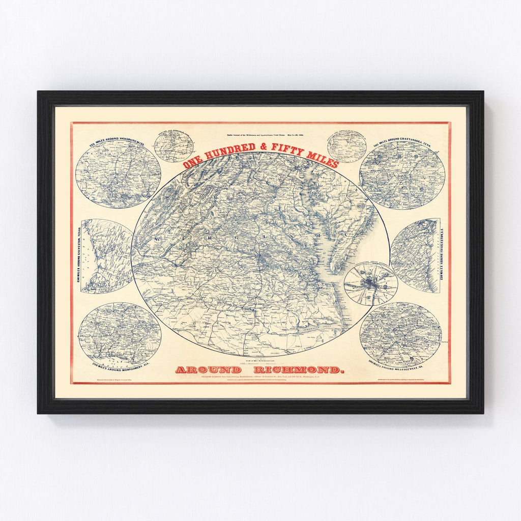 Vintage Map of the Richmond Virginia Region, 1864