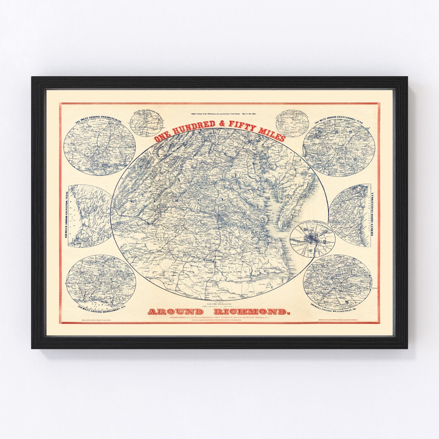 Vintage Map of the Richmond Virginia Region, 1864