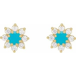 14K Yellow Gold Natural Turquoise & 1/8 CTW Natural Diamond Flower Earrings – image 2