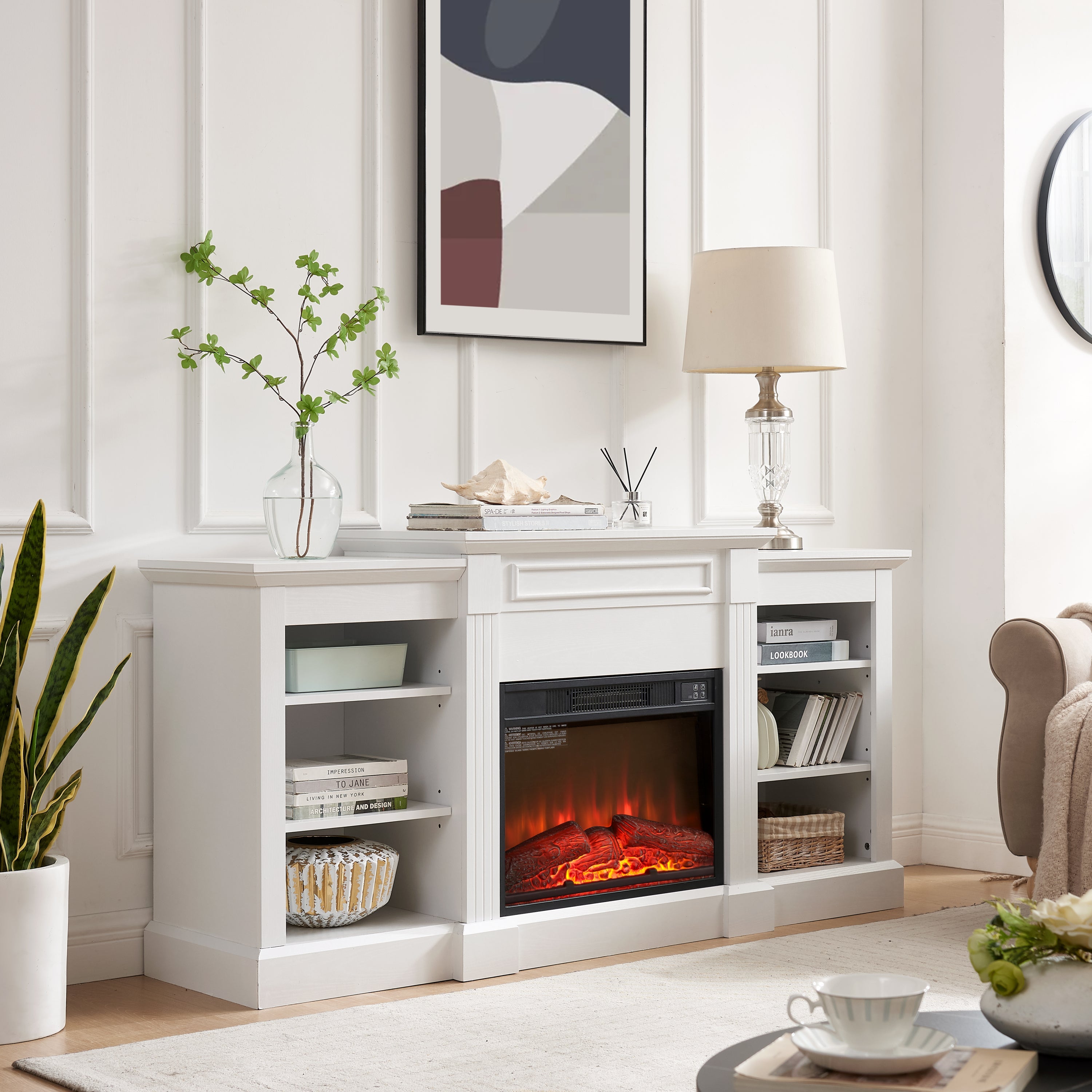 Media Console Table with Large Storage Cabinet, with 23' Fireplace Insert, for TV Up to 70'', Modern TV Media Entertaionment Stand, White, 65.75'W*17'D*32.48'H