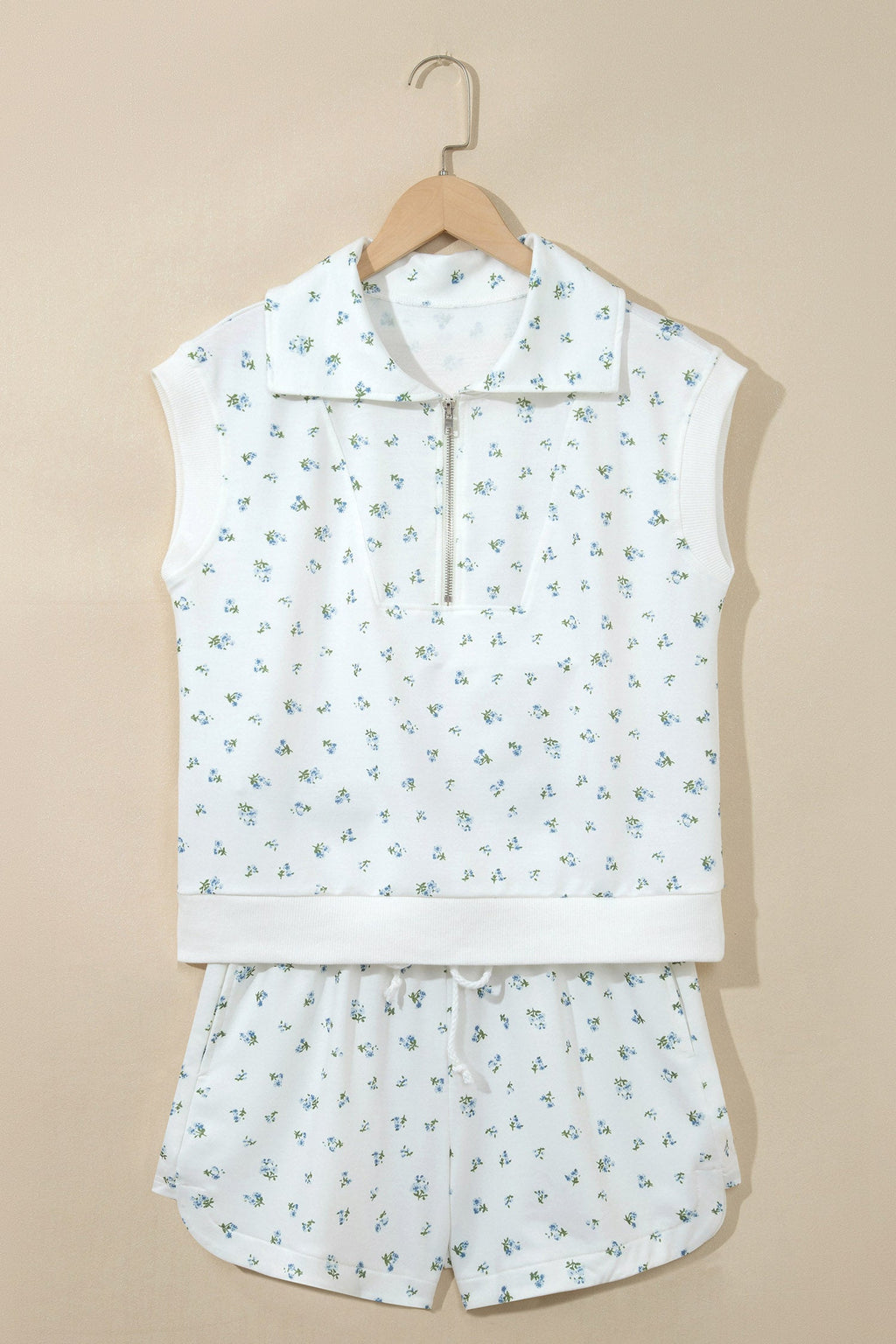 Floral Half Zip Top & Drawstring Shorts Set