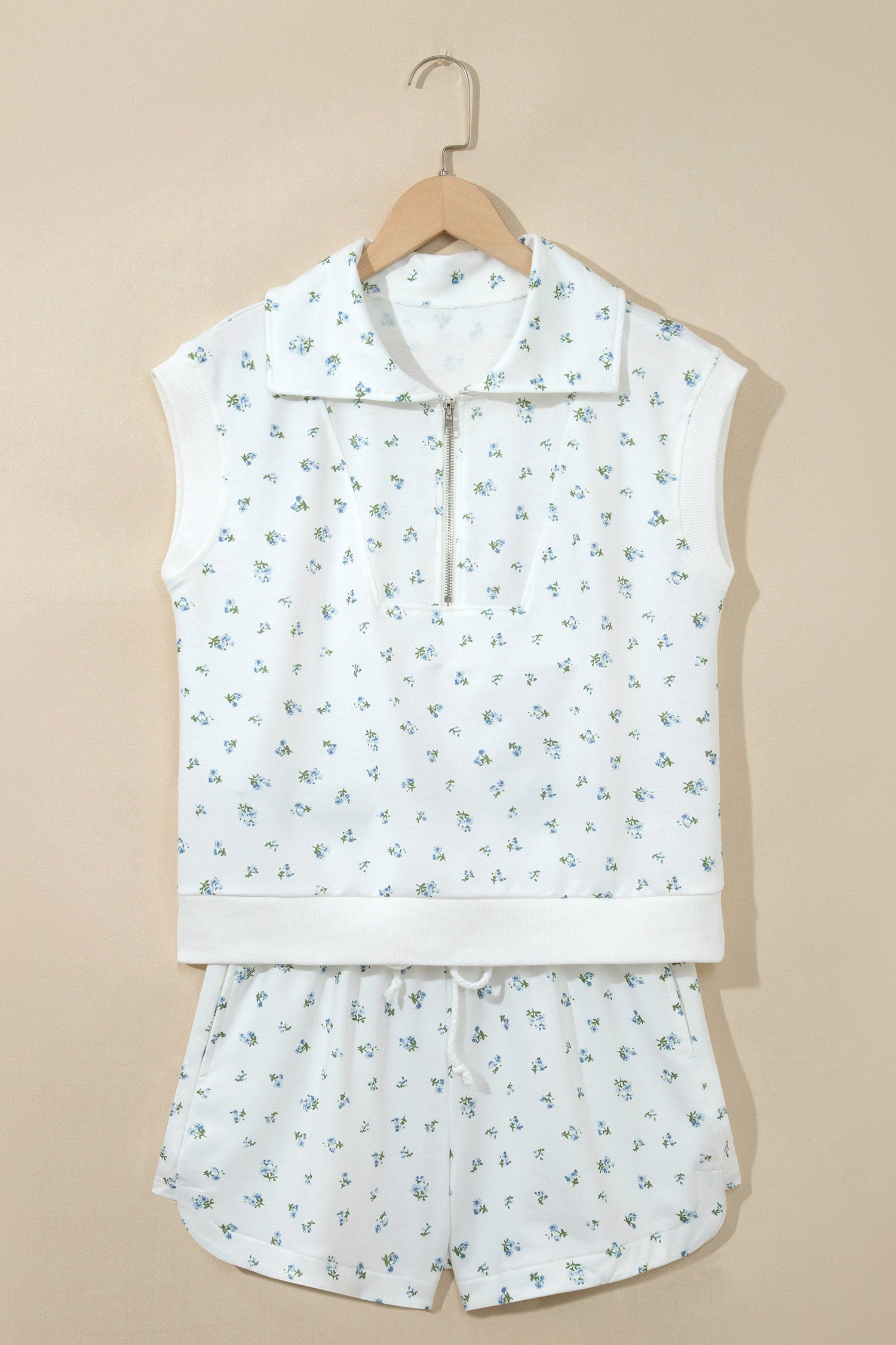 Floral Half Zip Top & Drawstring Shorts Set