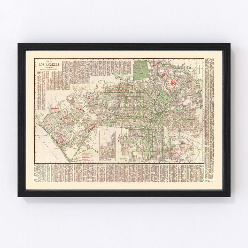Vintage Map of Los Angeles, California 1928