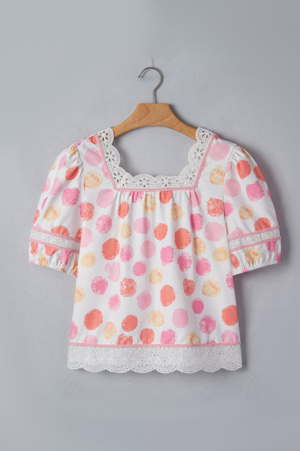 Polka Dot Lace Trim Square Neck Puff Sleeve Blouse