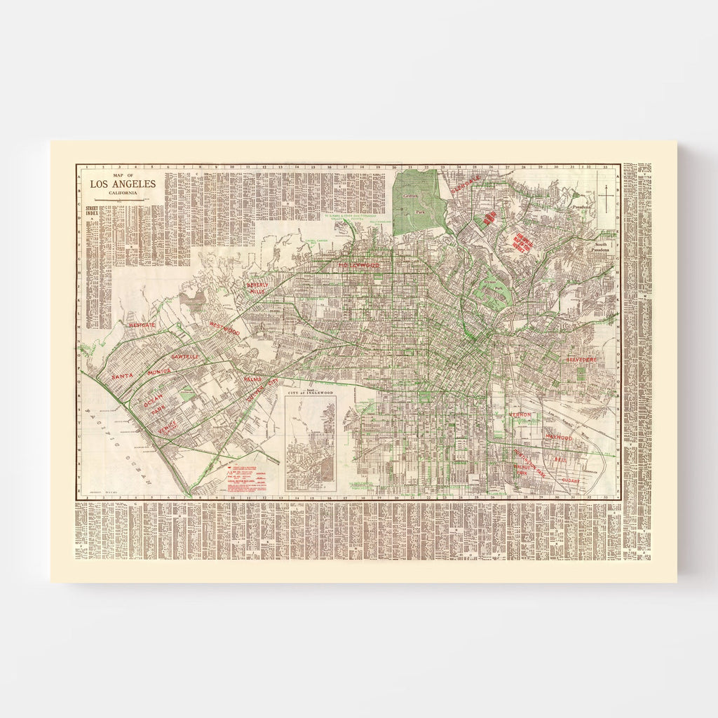 Vintage Map of Los Angeles, California 1928
