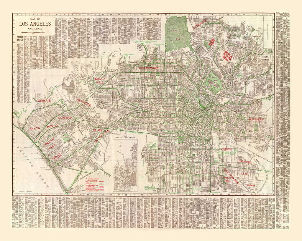 Vintage Map of Los Angeles, California 1928