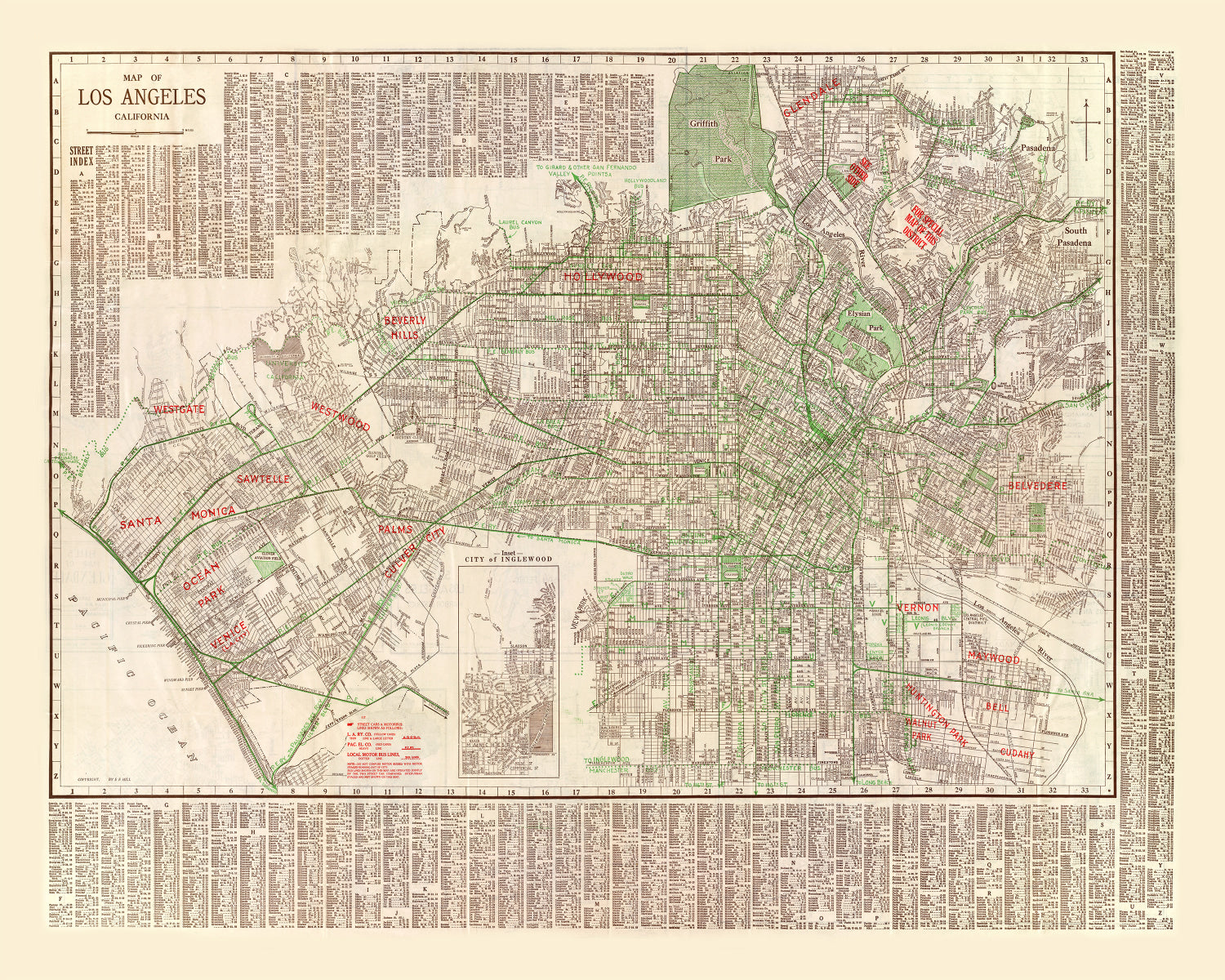Vintage Map of Los Angeles, California 1928