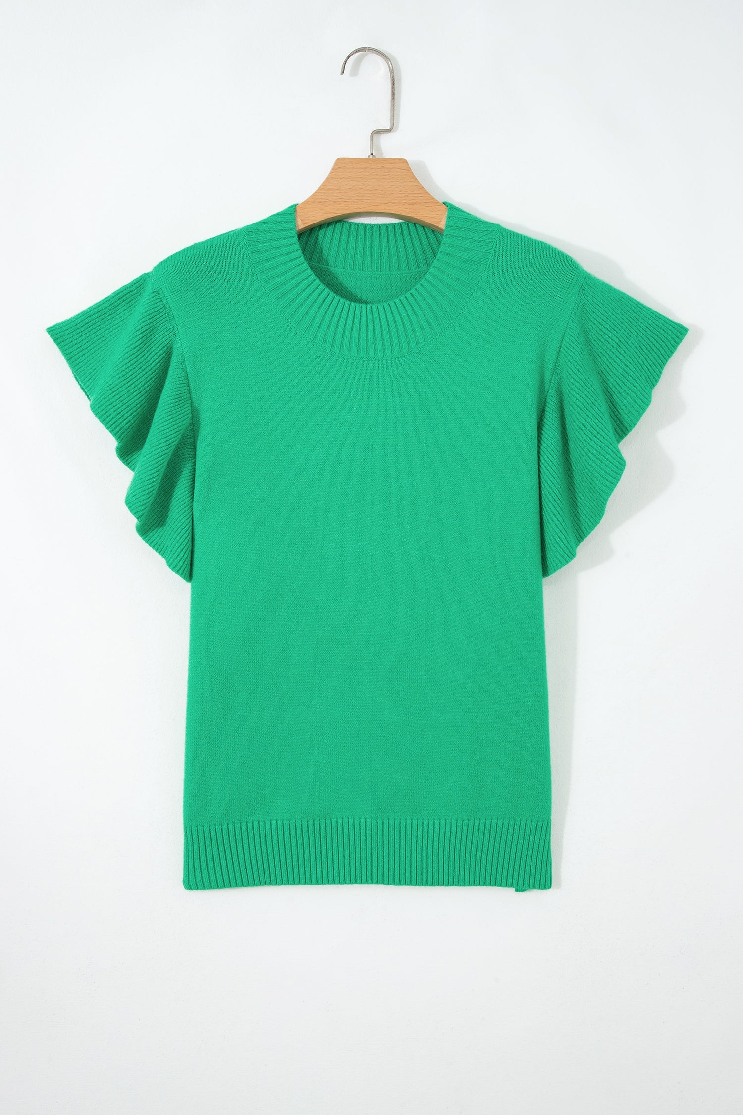 Solid Ruffle Sleeve Round Neck Ribbed Sweater