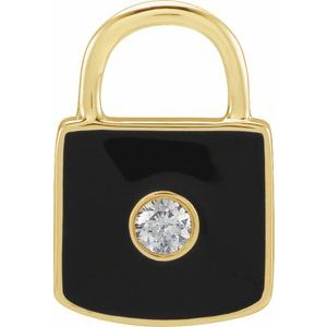 14K Yellow Gold .035 CT Natural  Diamond & Black Enamel Lock Charm/Pendant