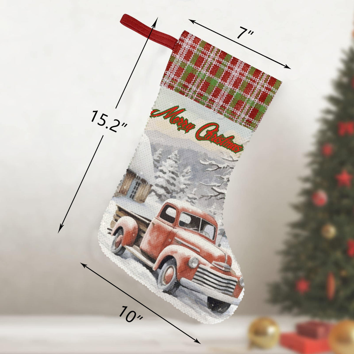 Merry Christmas Vintage Truck Sequin Christmas Stocking (Made in USA)