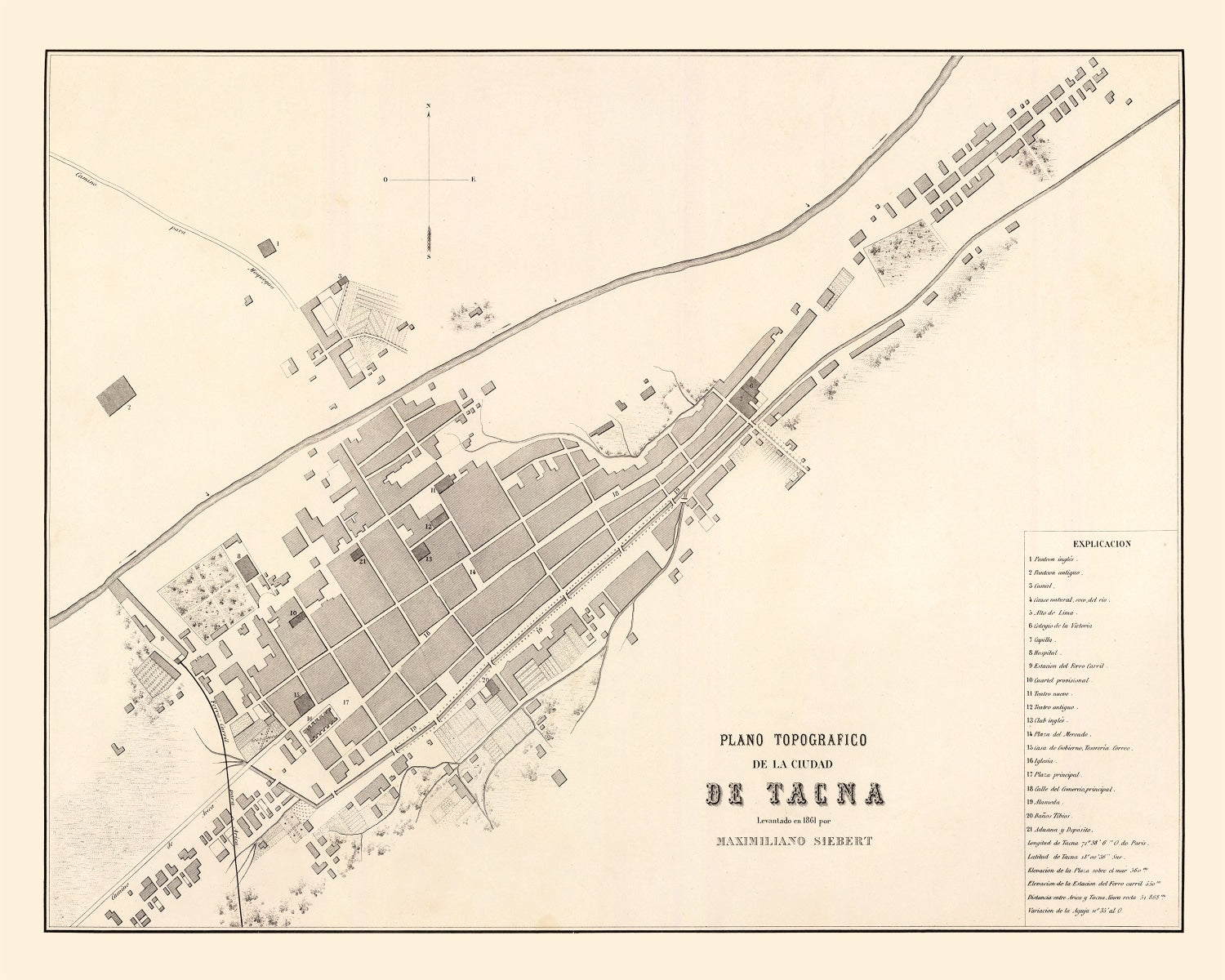 Vintage Map of Tacna, Peru 1865
