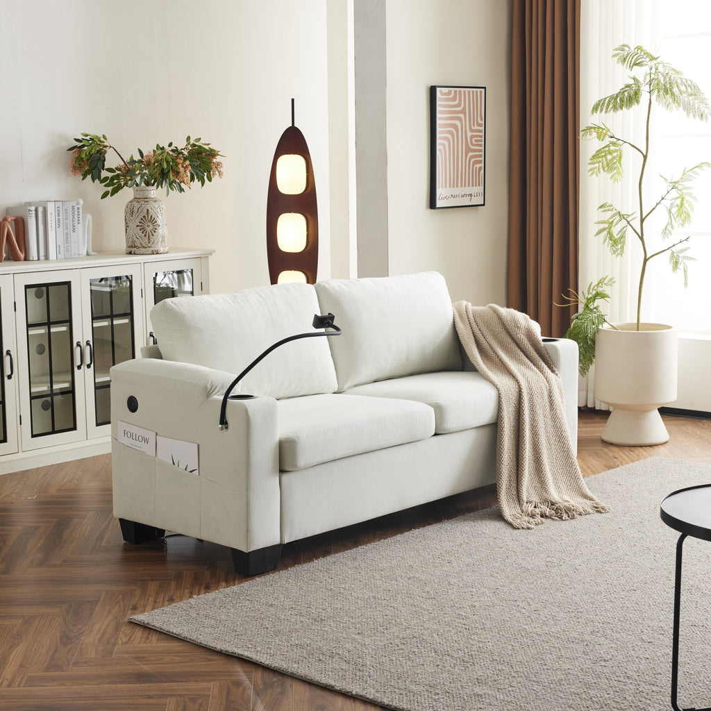 Pull-out sofa bed, chenille material, pull-out queen sofa bed, with USB charging, mobile phone holder, memory sofa, removable and washable cushions, suitable for living room, bedroom, apartment, white