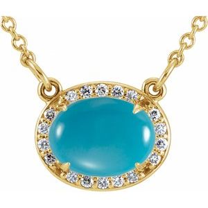14K Yellow Gold Natural Turquoise & .07 CTW Natural Diamond Halo-Style 16 1/2" Necklace