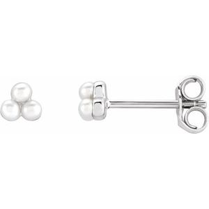 14K White Gold Cultured White Freshwater Pearl Cluster Earrings