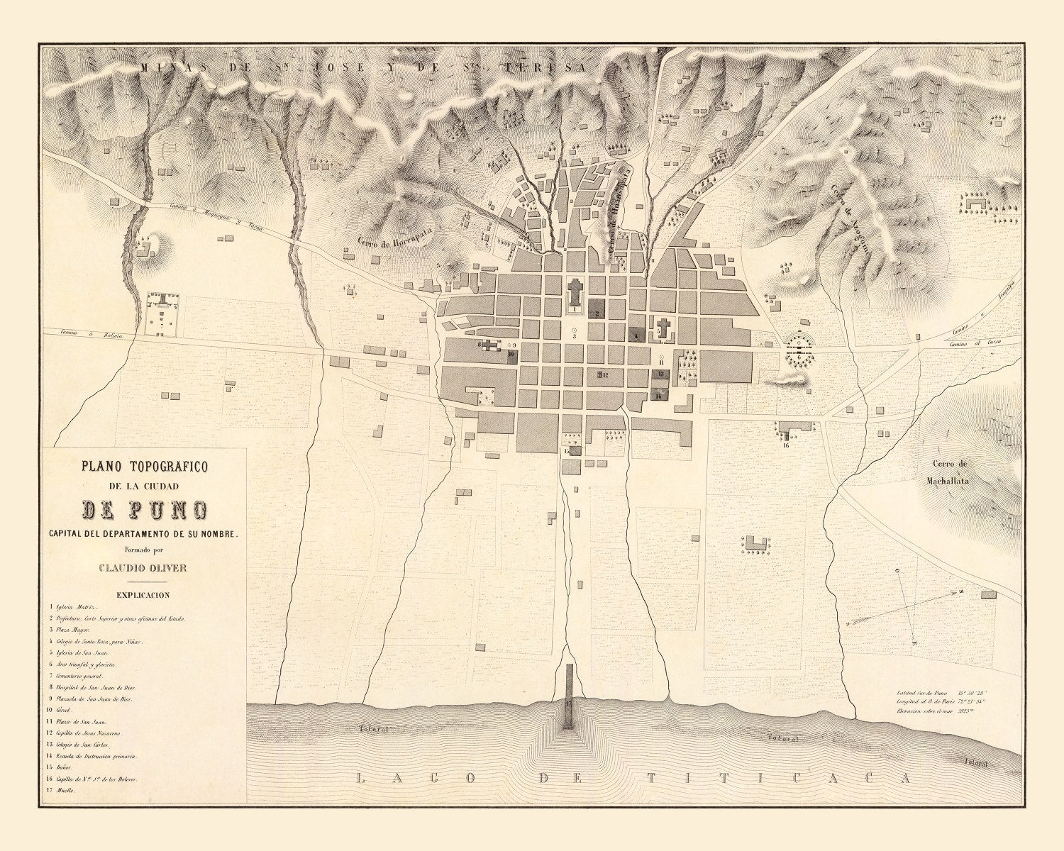 Vintage Map of Puno, Peru 1865