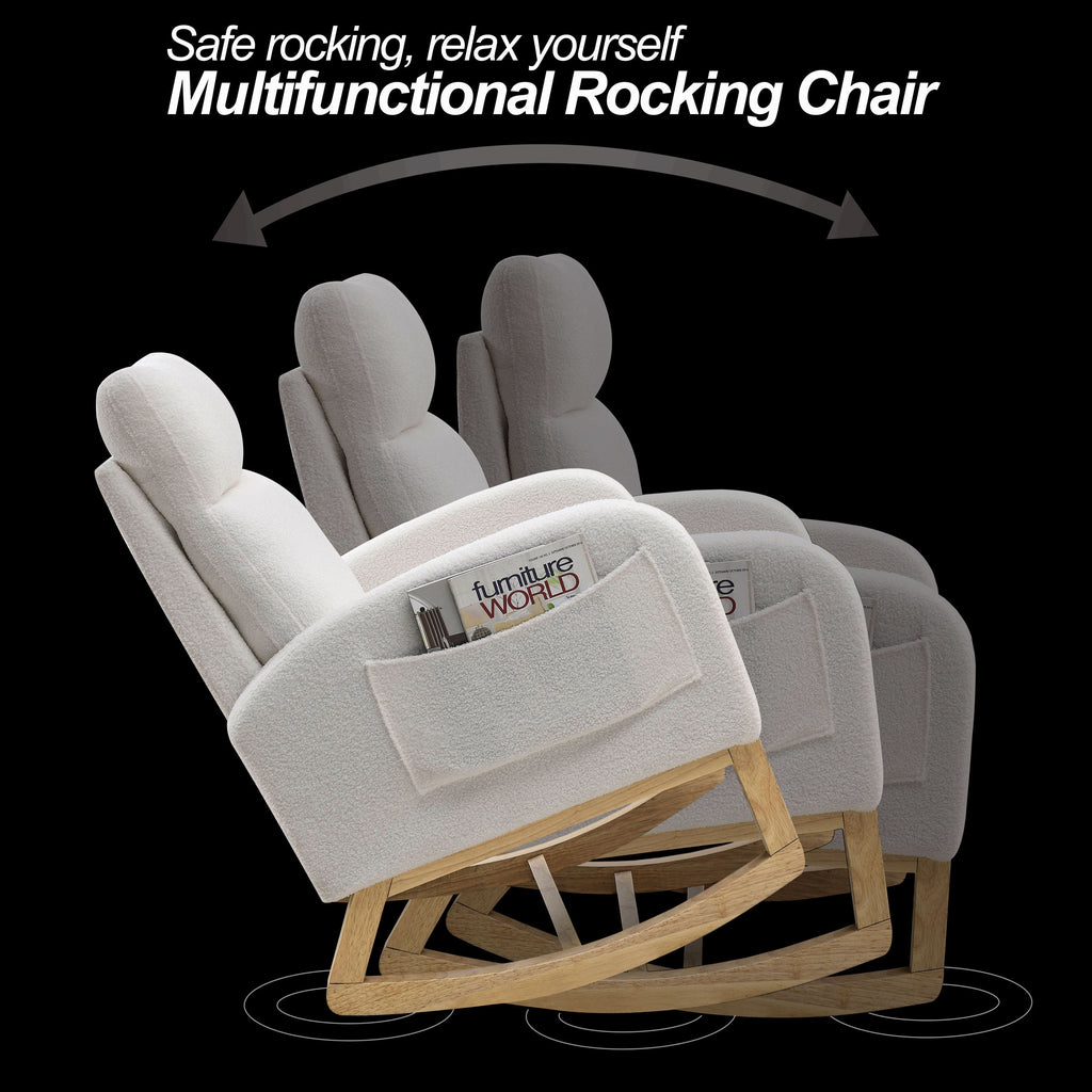 [Video] Welike 27.6'W Modern Accent High Backrest Living Room Lounge Arm Rocking Chair, Two Side Pocket ,Teddy White (Ivory)