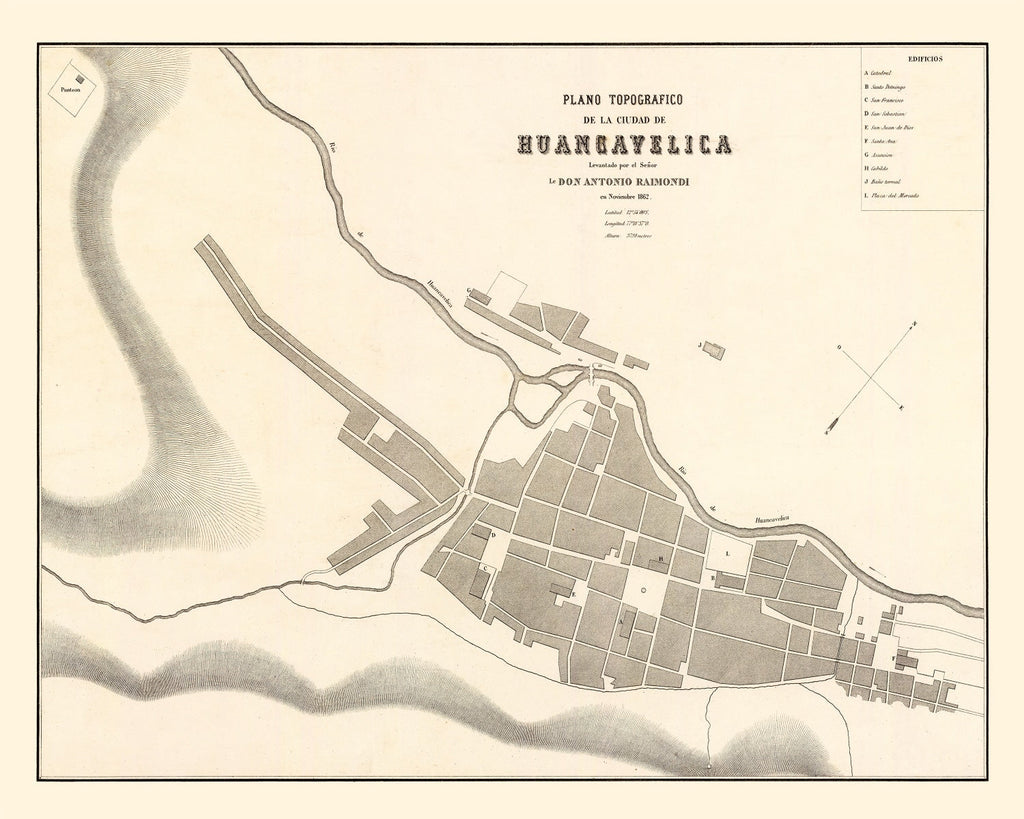 Vintage Map of Huancavelica, Peru 1865