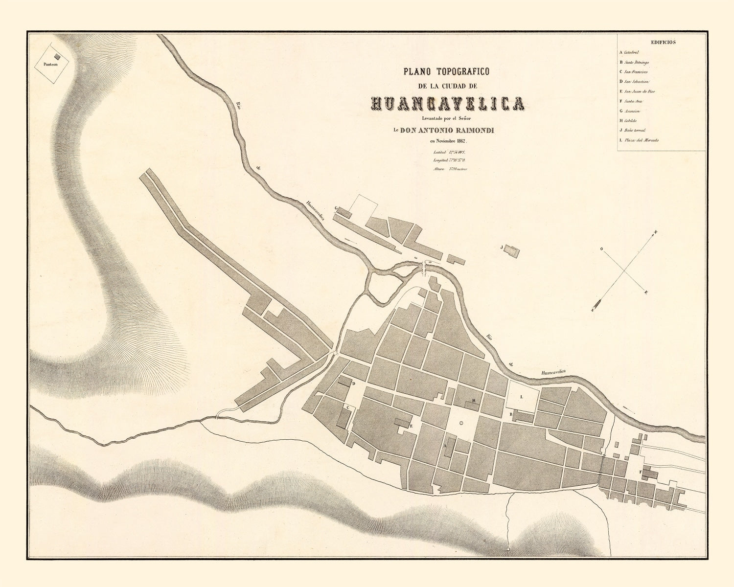 Vintage Map of Huancavelica, Peru 1865